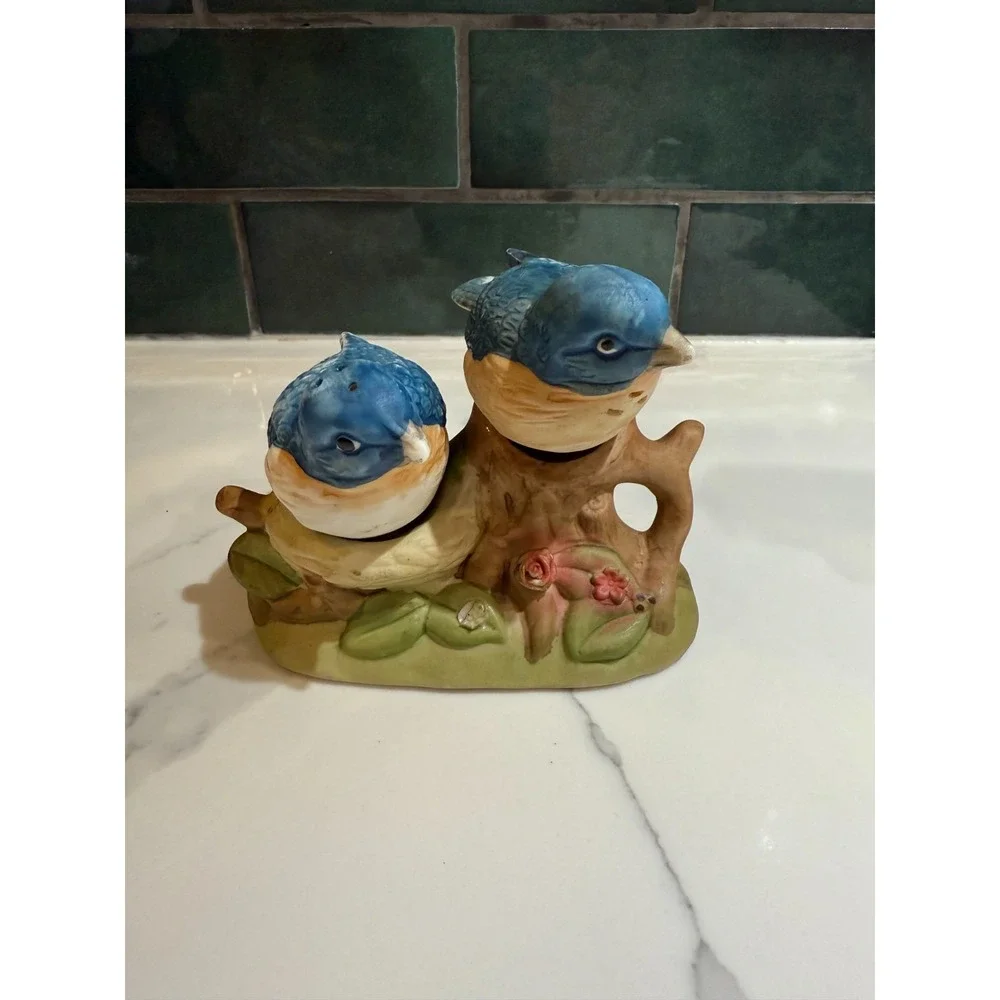 Vintage Ceramic Blue Birds sitting on a tree Salt and Pepper Shaker 3 Piece